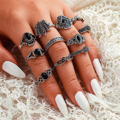 Black Resin & Silver-Plated Lotus Ring Set