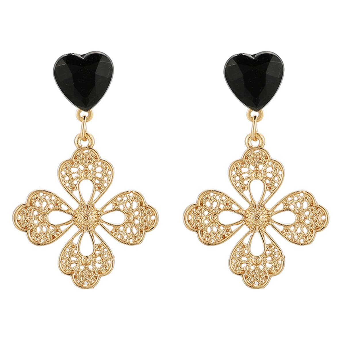 Black Crystal & 18K Gold-Plated Filigree Heart Floral Drop Earrings