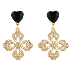 Black Crystal & 18K Gold-Plated Filigree Heart Floral Drop Earrings
