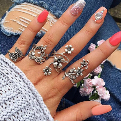 Silver-Plated Floral Leaf Ring Set, jewelry gift sets for women, vintage-inspired design, front view