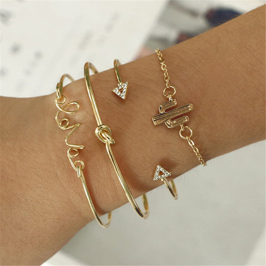 Cubic Zirconia and 18K Gold-Plated Cactus Bracelet Set, jewelry gift sets for women, dainty minimalist design, front view