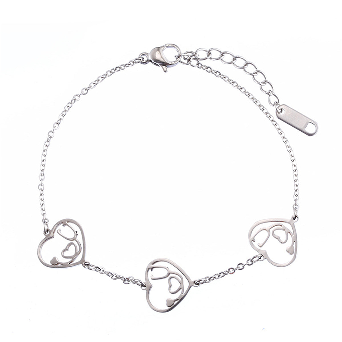 Silver-Plated Stethoscope Heart Charm Bracelet, silver bracelet for women, botanical inspired, front view