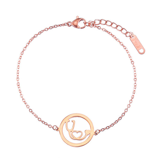 18K Rose Gold-Plated Stethoscope Charm Bracelet, rose gold bracelet for women, botanical inspired, front view