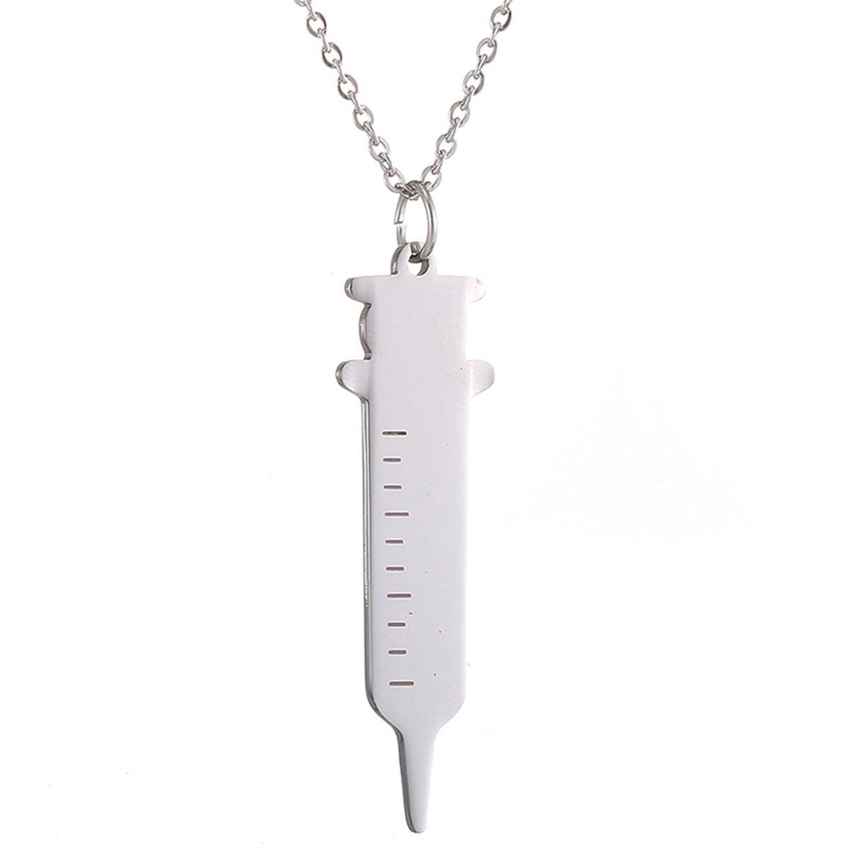 Silver-Plated Injector Pendant Necklace, silver pendant necklace for women, botanical inspired, front view