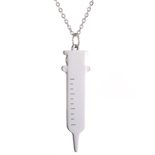 Silver-Plated Injector Pendant Necklace, silver pendant necklace for women, elegant gift for her, front view