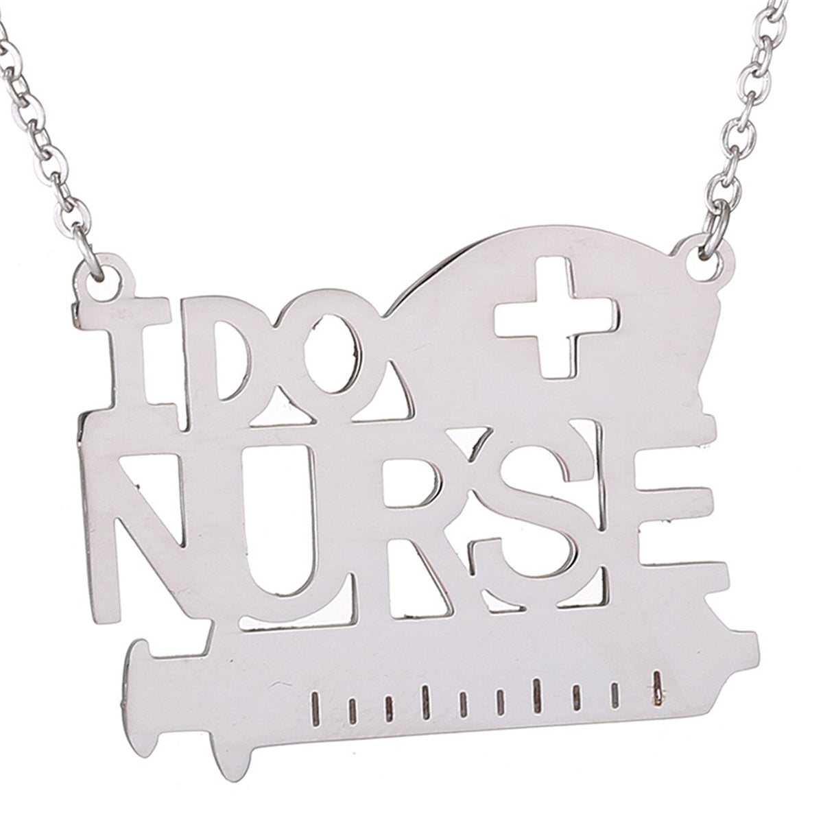 Silver-Plated 'I Do Nurse' Pendant Necklace, silver pendant necklace for women, vintage-inspired design, front view