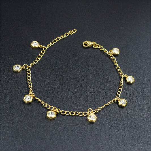 Cubic Zirconia and 18K Gold-Plated Hexagon Charm Anklet, gold pendant necklace for women, front view