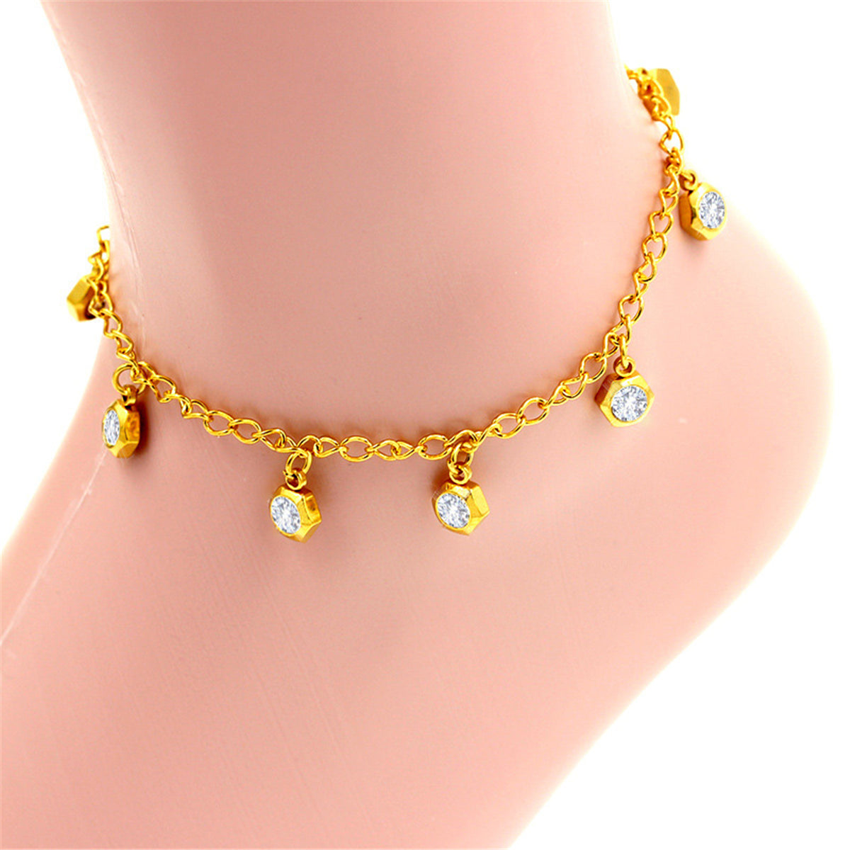 Cubic Zirconia & 18K Gold-Plated Hexagon Charm Anklet