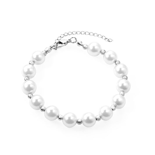 Pearl and Silver-Plated Ball Bead Station Bracelet, silver bracelet for women, everyday style, front view