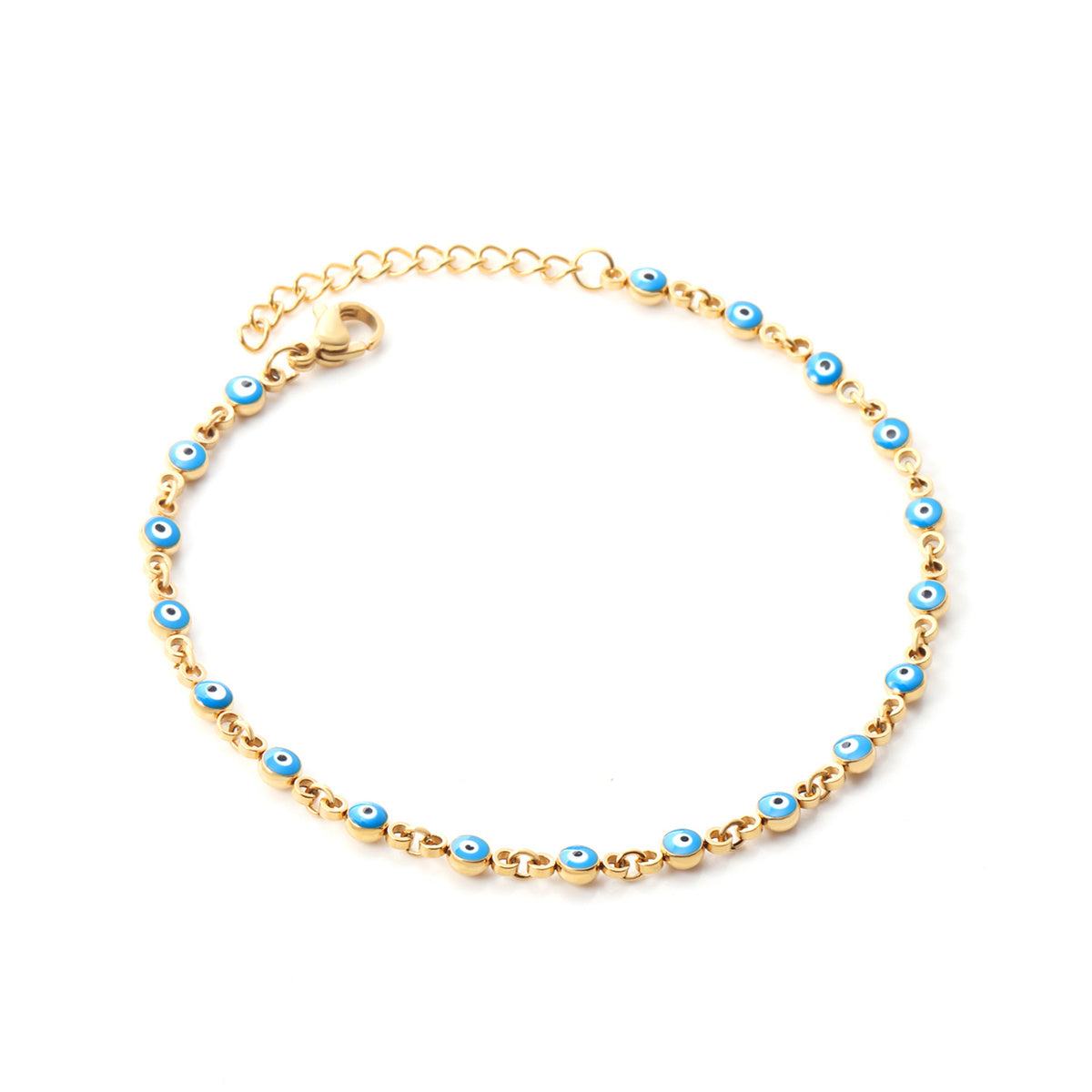 Blue Enamel and 18K Gold-Plated Eye Station Bracelet, gold bracelet for women, vintage-inspired design, side view