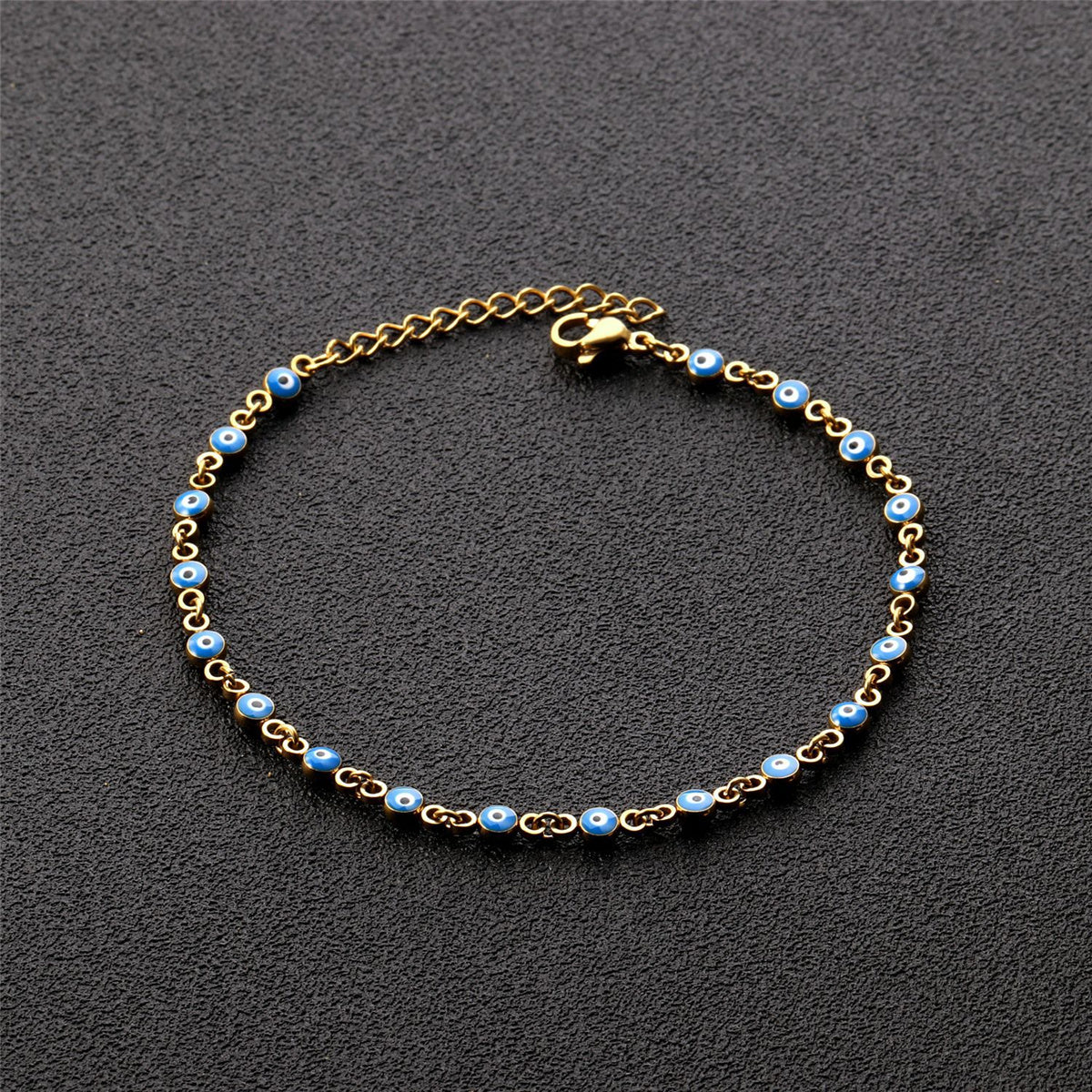 Blue Enamel and 18K Gold-Plated Eye Station Bracelet, gold bracelet for women, vintage-inspired design, detail close-up