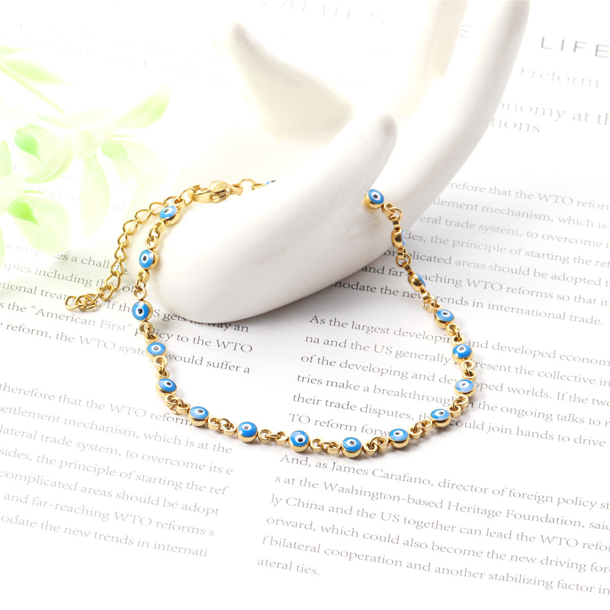 Blue Enamel and 18K Gold-Plated Eye Station Bracelet, gold bracelet for women, vintage-inspired design, lifestyle look