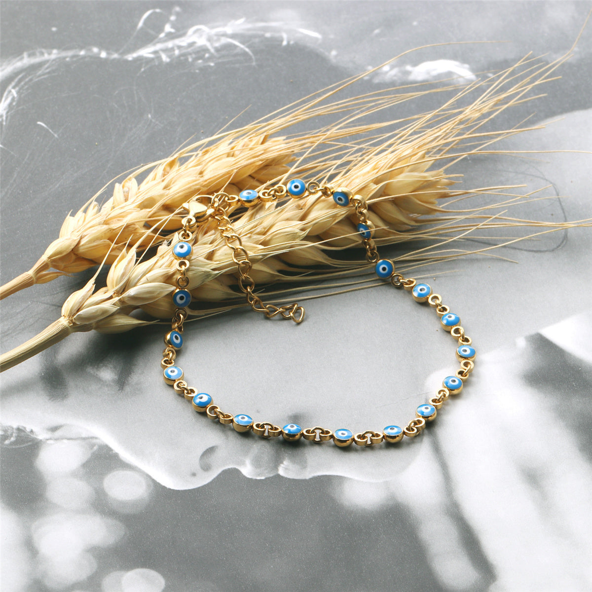 Blue Enamel and 18K Gold-Plated Eye Station Bracelet, gold bracelet for women, vintage-inspired design, styled look