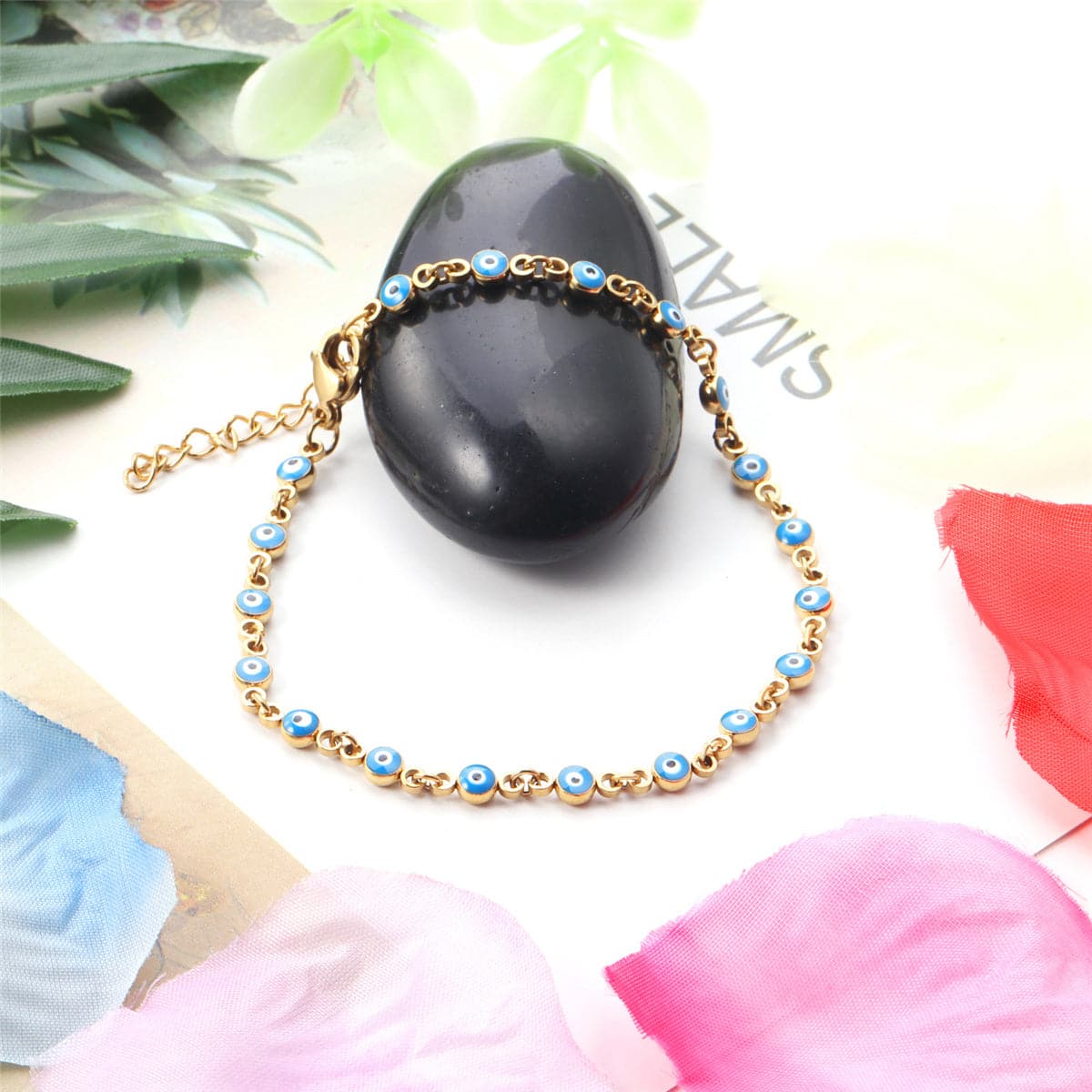 Blue Enamel and 18K Gold-Plated Eye Station Bracelet, gold bracelet for women, vintage-inspired design, front view