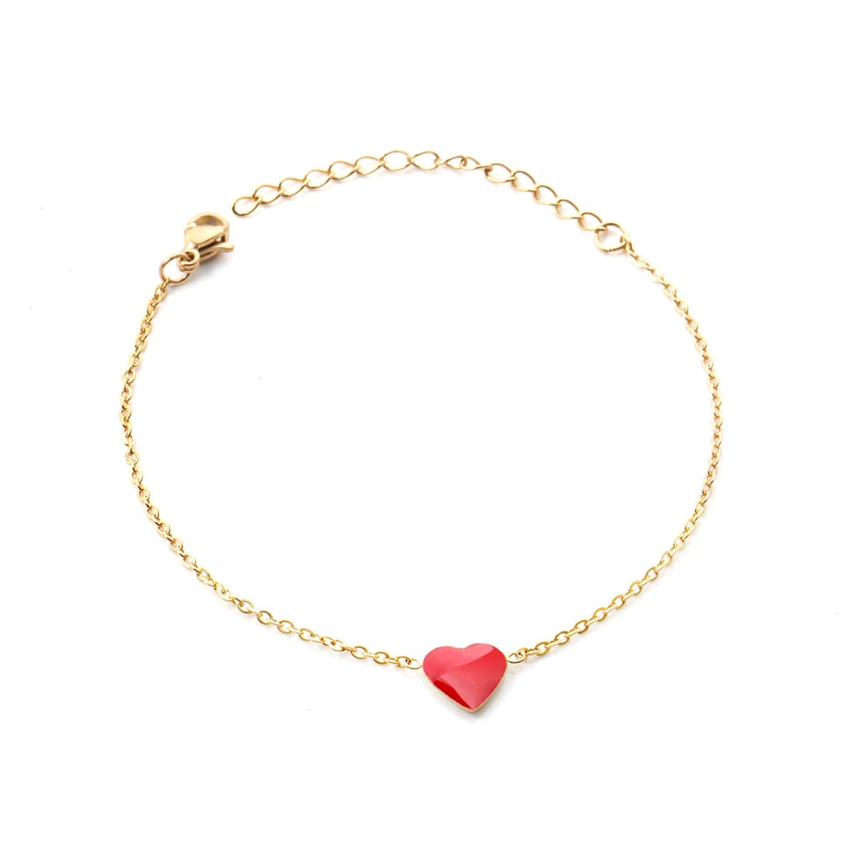 Red Enamel and 18K Gold-Plated Heart Charm Bracelet, gold bracelet for women, botanical inspired, front view