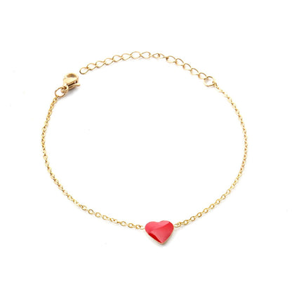 Red Enamel and 18K Gold-Plated Heart Charm Bracelet, gold bracelet for women, botanical inspired, front view