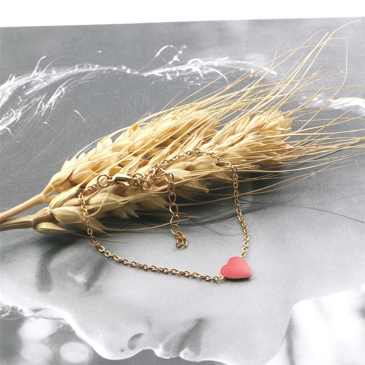 Red Enamel and 18K Gold-Plated Heart Charm Bracelet, gold bracelet for women, botanical inspired, lifestyle look