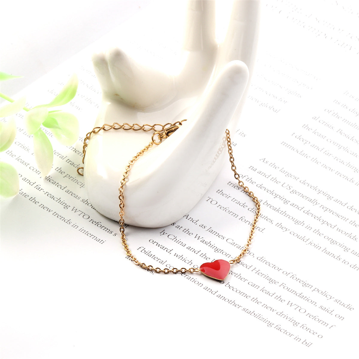 Red Enamel and 18K Gold-Plated Heart Charm Bracelet, gold bracelet for women, botanical inspired, detail close-up