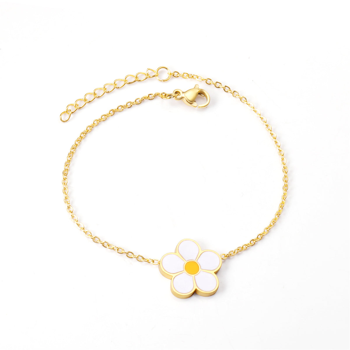 White Enamel and 18K Gold-Plated Flower Charm Bracelet, gold bracelet for women, botanical inspired, front view