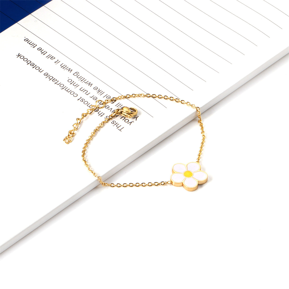 White Enamel and 18K Gold-Plated Flower Charm Bracelet, gold bracelet for women, botanical inspired, detail close-up