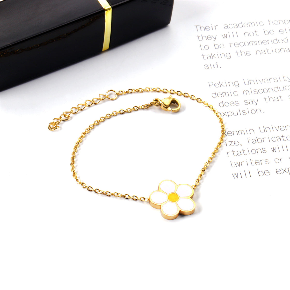 White Enamel and 18K Gold-Plated Flower Charm Bracelet, gold bracelet for women, botanical inspired, lifestyle look