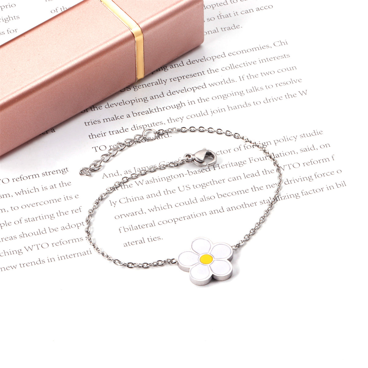White Enamel and Silver-Plated Flower Charm Bracelet, silver bracelet for women, vintage-inspired design, lifestyle look