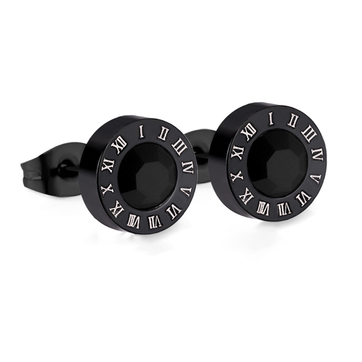 Black Cubic Zirconia & Black Round Roman Numeral Stud Earrings