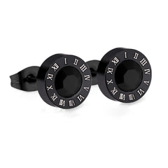 Black Cubic Zirconia & Black Round Roman Numeral Stud Earrings