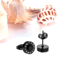 Black Cubic Zirconia & Black Round Roman Numeral Stud Earrings