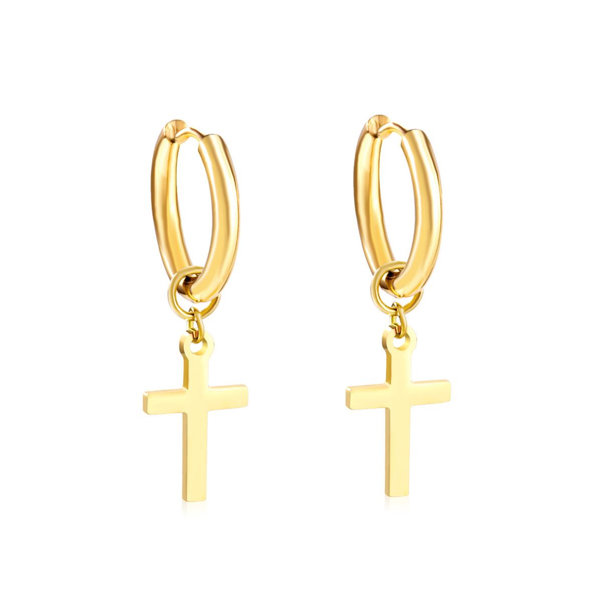 Stunning 18K gold-plated cross earrings that hug the earlobe, combining elegance with a meaningful design.