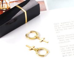 Chic 18K gold-plated cross huggie earrings, ideal for everyday wear or special occasions, showcasing faith and fashion.