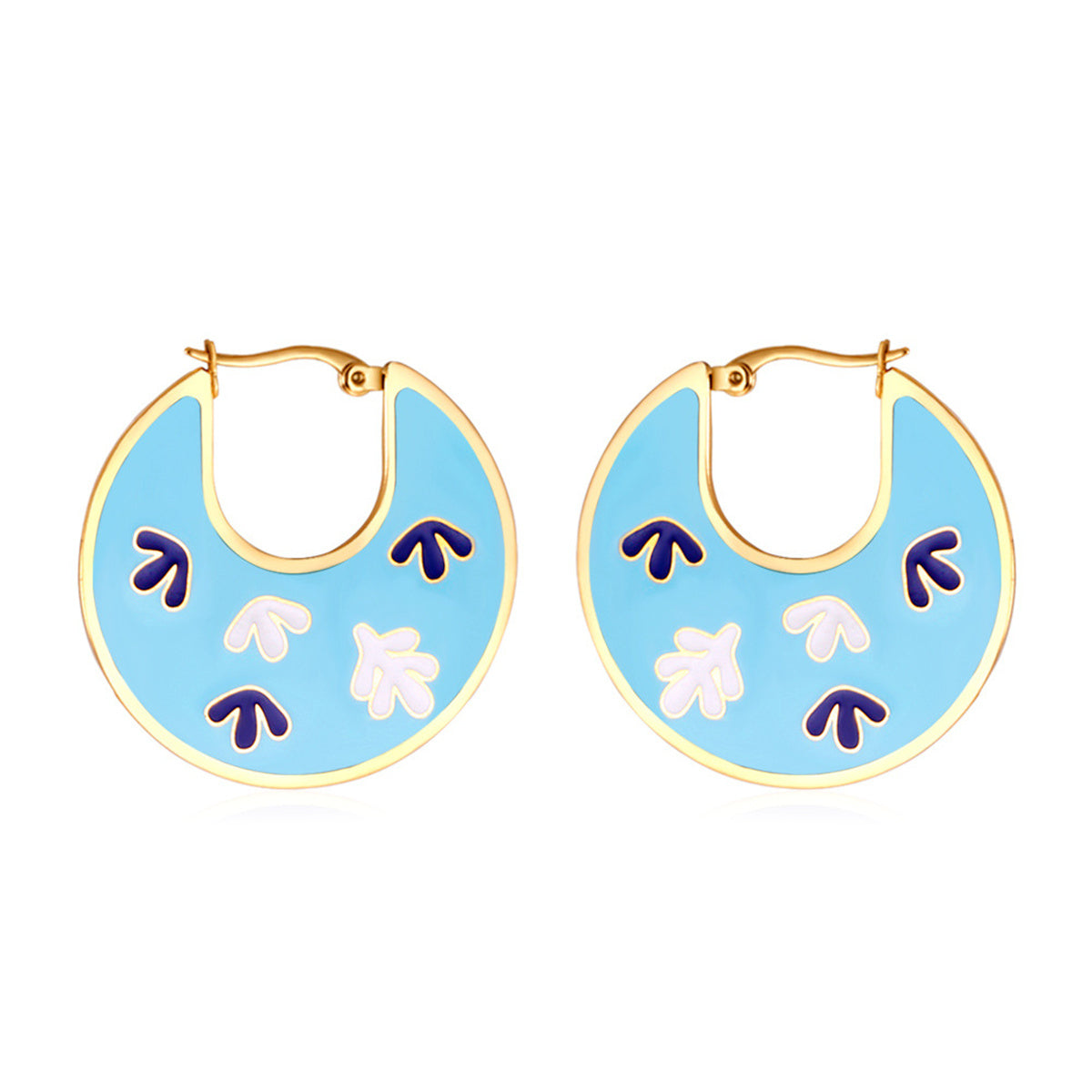 Lake Blue Enamel & 18K Gold-Plated Leaf Hoop Earrings