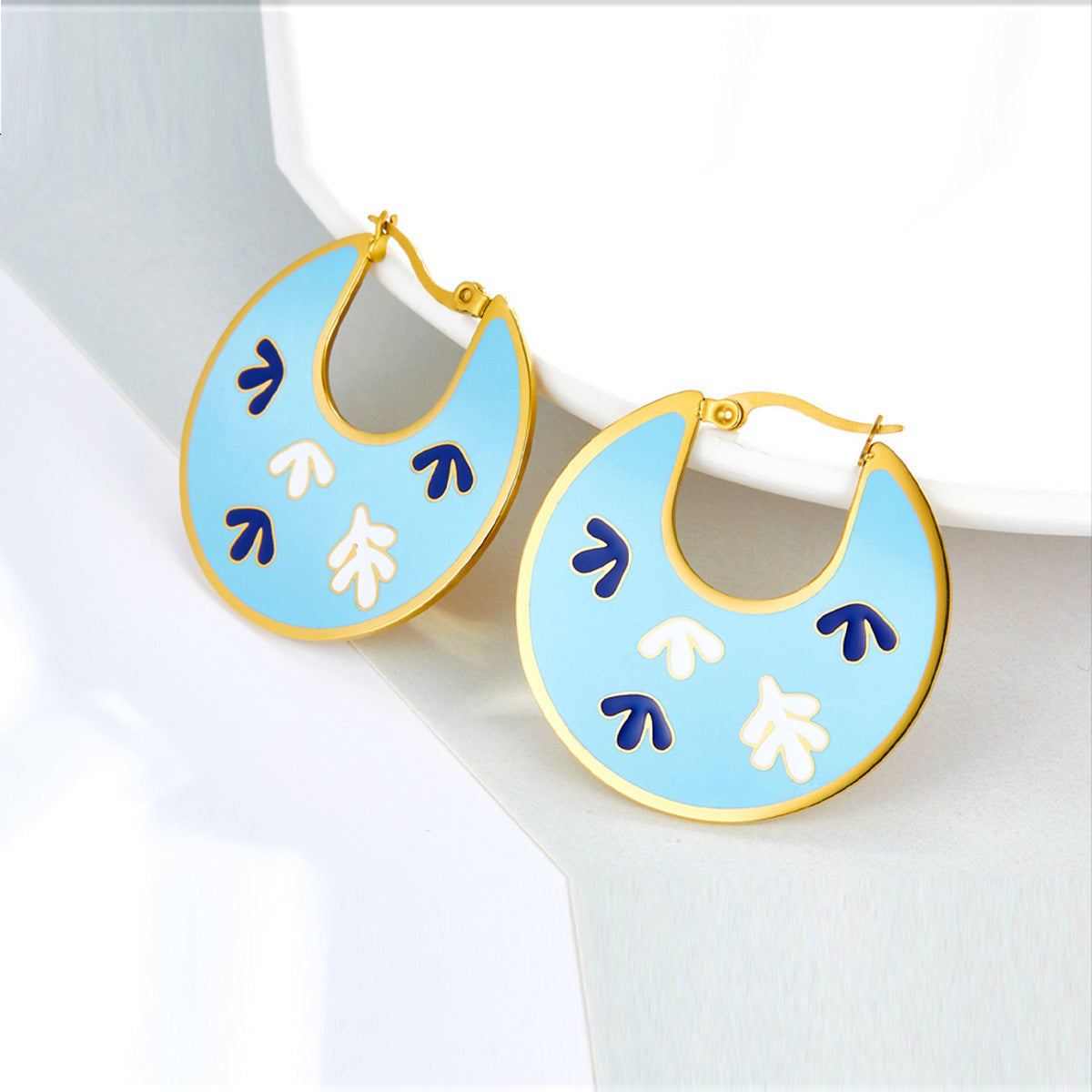 Lake Blue Enamel & 18K Gold-Plated Leaf Hoop Earrings