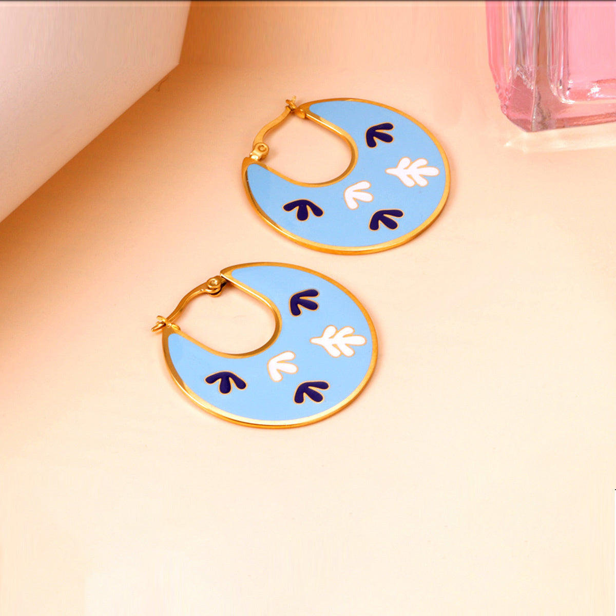 Lake Blue Enamel & 18K Gold-Plated Leaf Hoop Earrings