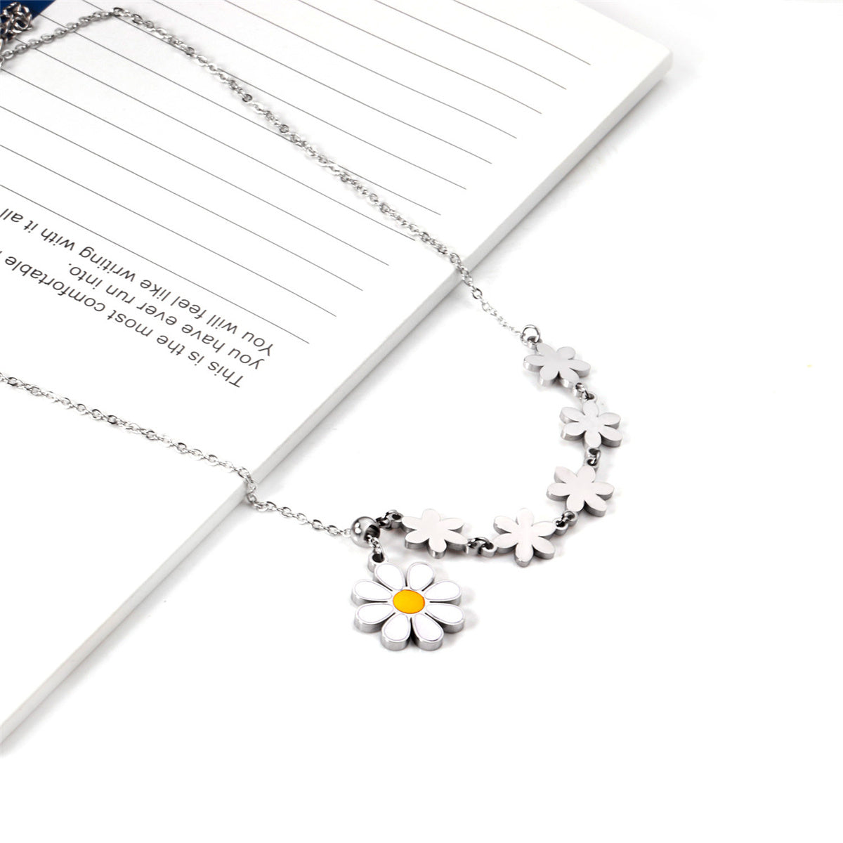 Yellow Enamel and Silver-Plated Linked Flower Pendant Necklace, silver pendant necklace for women, side view