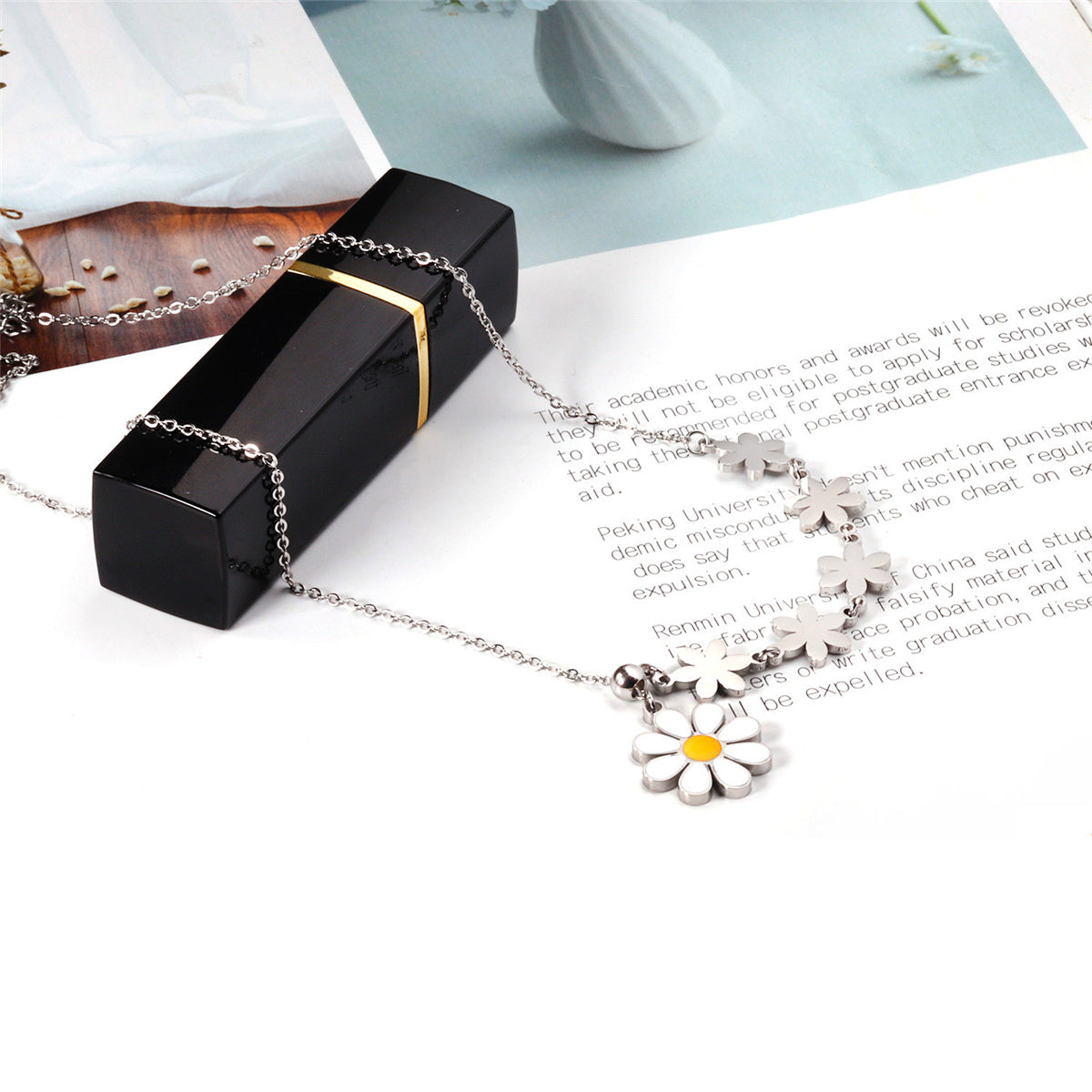 Yellow Enamel and Silver-Plated Linked Flower Pendant Necklace, silver pendant necklace for women, lifestyle look