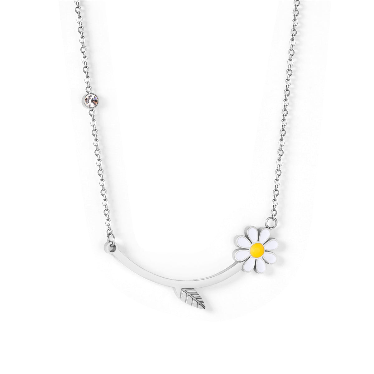 Yellow Enamel and Silver-Plated Cubic Zirconia-Accent Mum Bar Necklace, silver pendant necklace for women, front view