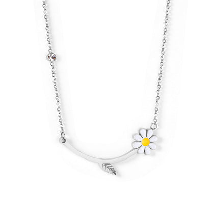 Yellow Enamel and Silver-Plated Cubic Zirconia-Accent Mum Bar Necklace, silver pendant necklace for women, front view