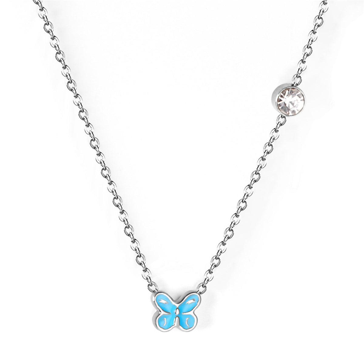 Lake Blue Enamel and Silver-Plated Cubic Zirconia-Accent Butterfly Pendant Necklace, silver pendant necklace..., front view