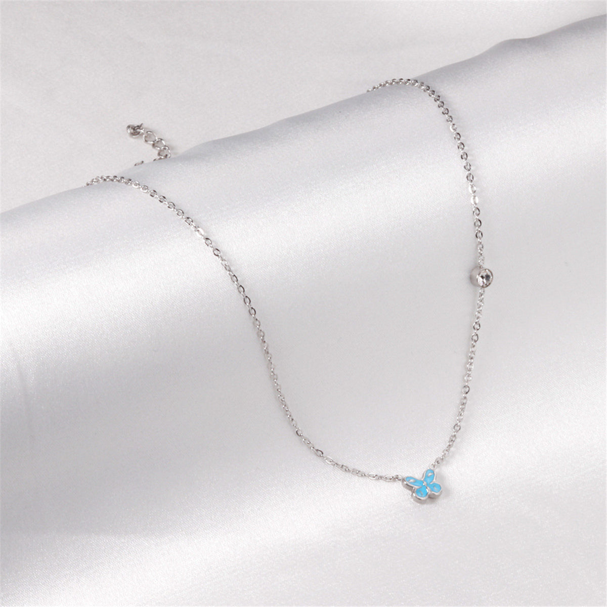 Lake Blue Enamel and Silver-Plated Cubic Zirconia-Accent Butterfly Pendant Necklace, silver pendant necklace..., side view