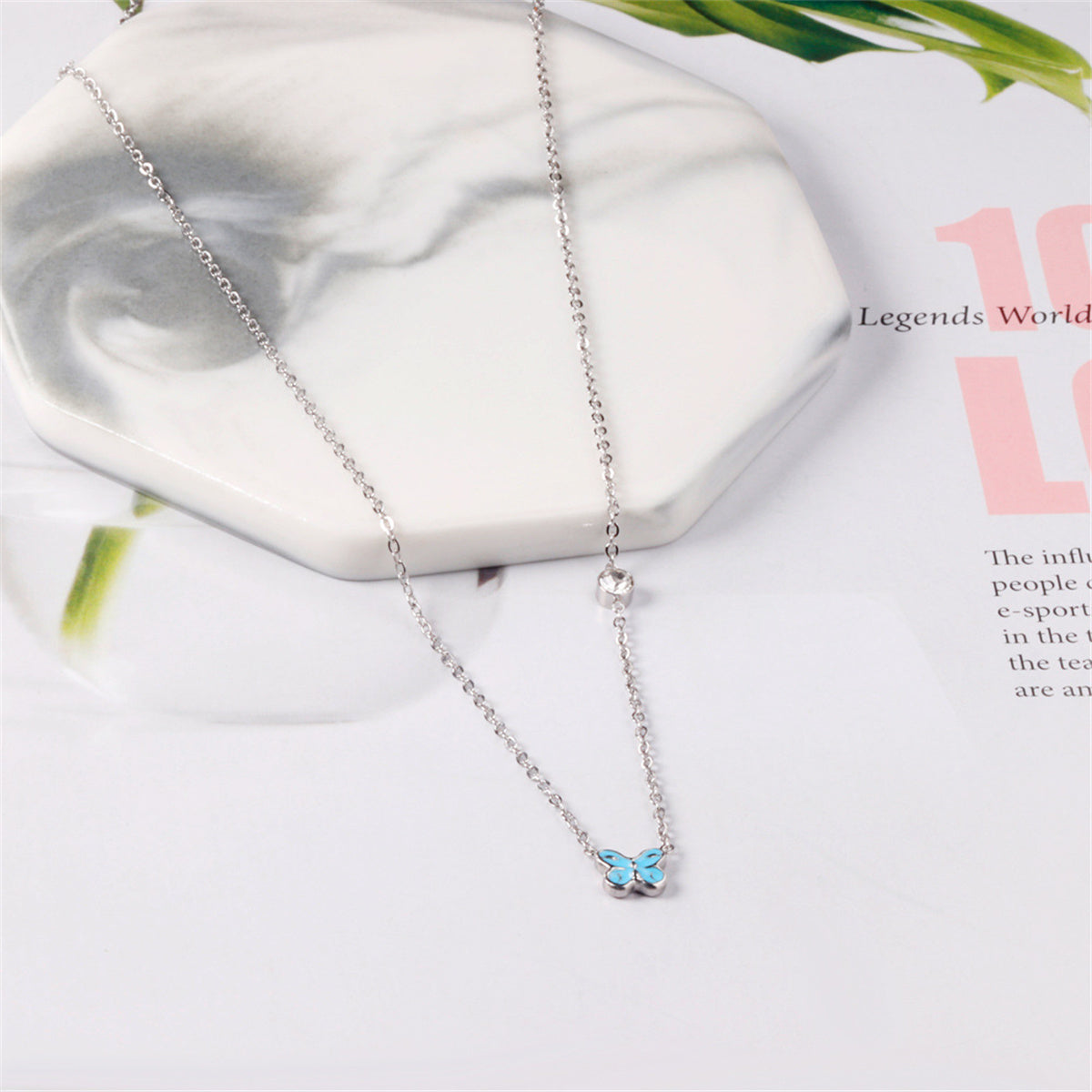 Lake Blue Enamel and Silver-Plated Cubic Zirconia-Accent Butterfly Pendant Necklace, silver pendant..., detail close-up