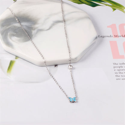 Lake Blue Enamel and Silver-Plated Cubic Zirconia-Accent Butterfly Pendant Necklace, silver pendant..., detail close-up