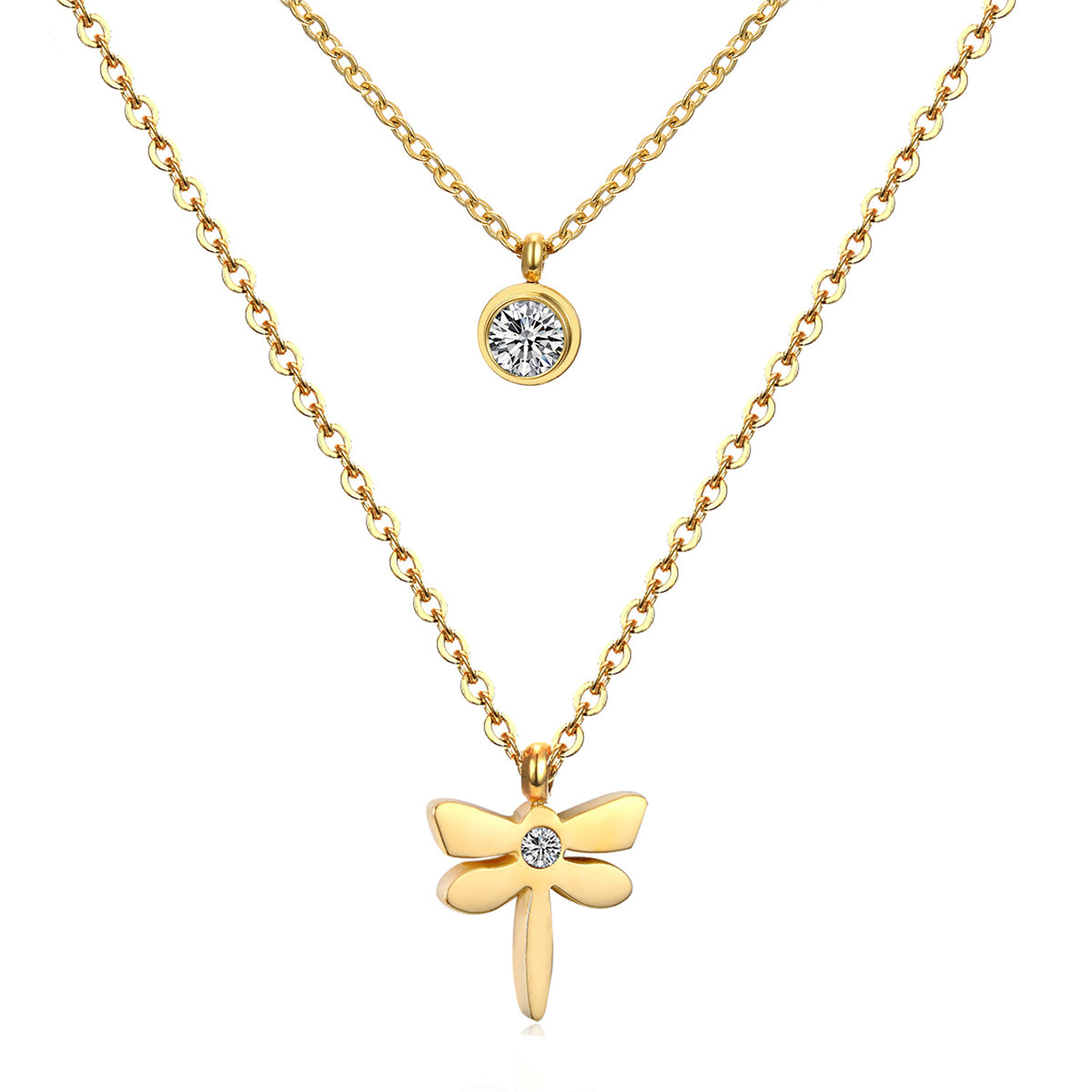 Cubic Zirconia and 18K Gold-Plated Dragonfly Layered Pendant Necklace, gold pendant necklace for women, front view