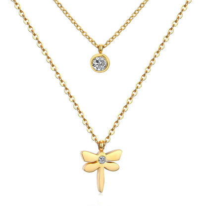 Cubic Zirconia and 18K Gold-Plated Dragonfly Layered Pendant Necklace, gold pendant necklace for women, front view