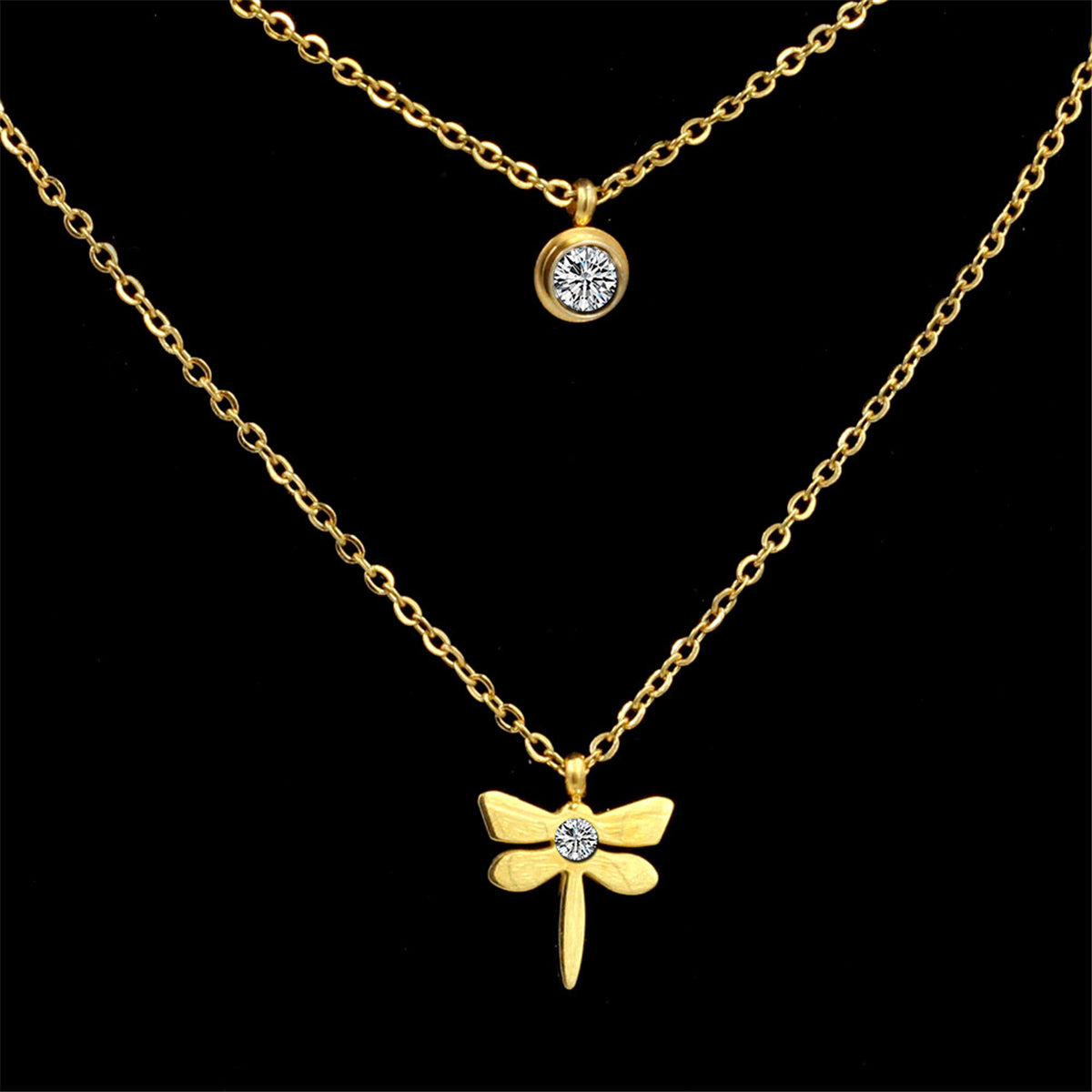 Cubic Zirconia and 18K Gold-Plated Dragonfly Layered Pendant Necklace, gold pendant necklace for women, side view