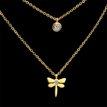 Cubic Zirconia and 18K Gold-Plated Dragonfly Layered Pendant Necklace, gold pendant necklace for women, side view
