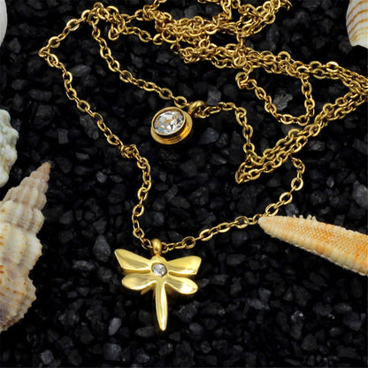 Cubic Zirconia and 18K Gold-Plated Dragonfly Layered Pendant Necklace, gold pendant necklace for women, detail close-up