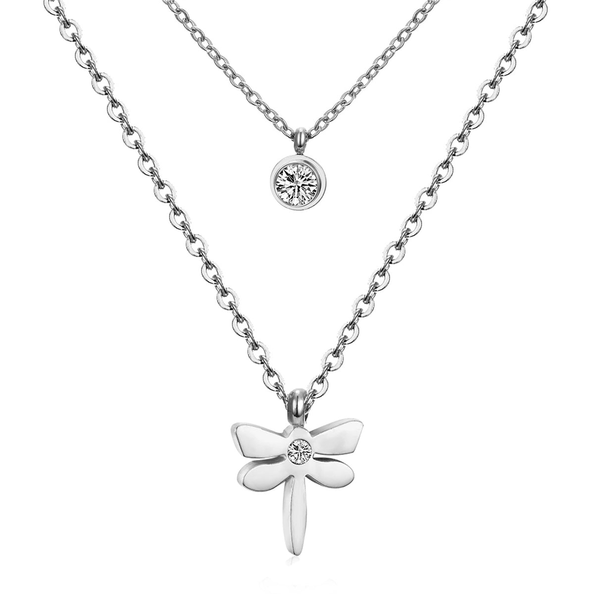 Cubic Zirconia and Silver-Plated Dragonfly Layered Pendant Necklace, silver pendant necklace for women, front view
