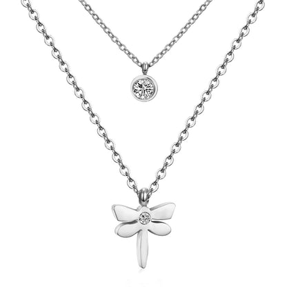 Cubic Zirconia and Silver-Plated Dragonfly Layered Pendant Necklace, silver pendant necklace for women, front view
