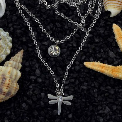 Cubic Zirconia and Silver-Plated Dragonfly Layered Pendant Necklace, silver pendant necklace for women, detail close-up
